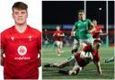Llandovery’s Josh Morse (left), and Ieuan Davies scores a try for Wales U20s against Ireland (right).