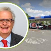Cllr Kevin Madge (inset) and the Tesco petrol station in Ammanford.