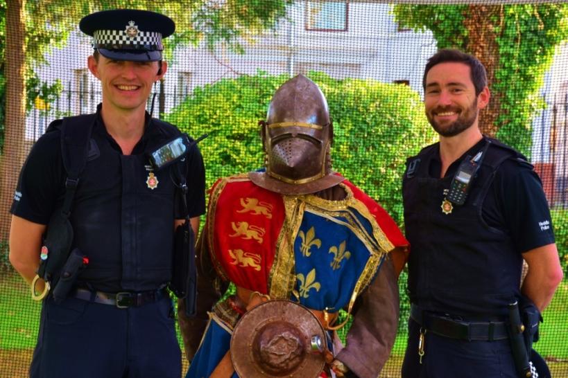 PC Tom Draycott and Insp. Stewart Bell learn about policing in the Middle Ages. Pic: Melissa Lewis