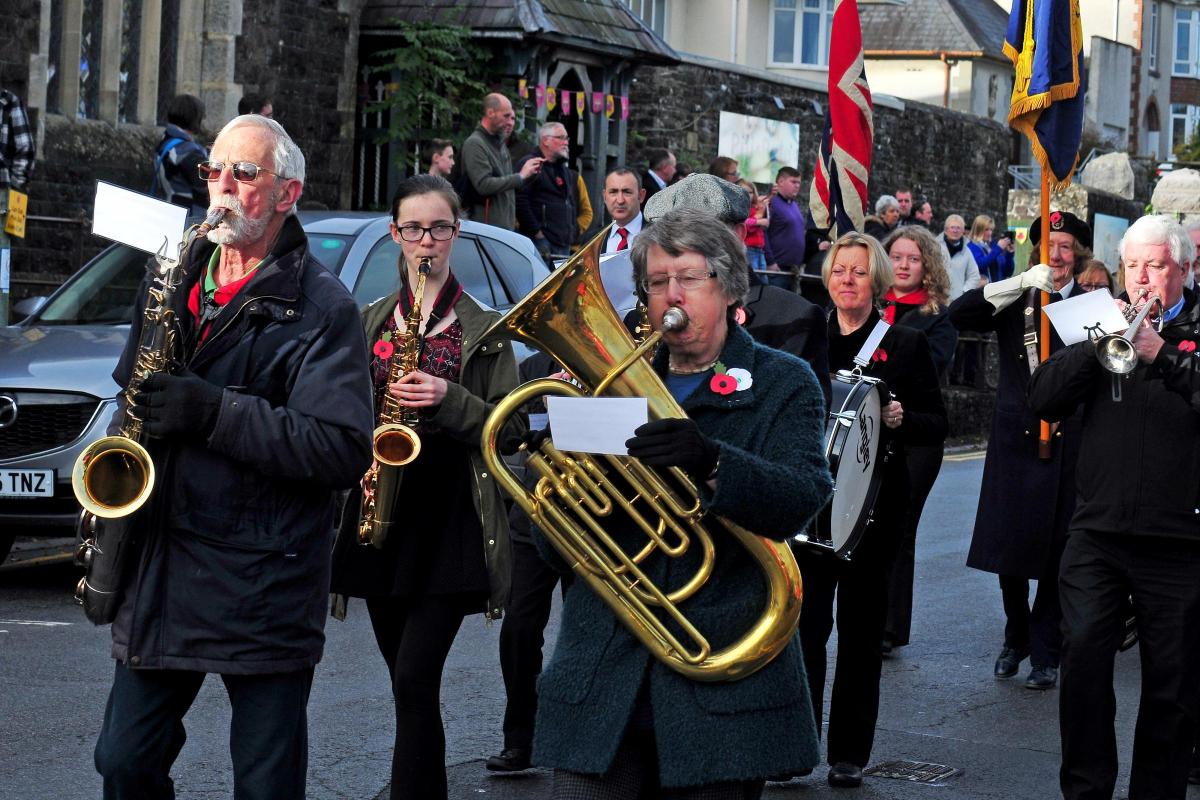 Members of Llandeilo Town Band lead the Remembrance Day parade.  Picture by Mark Davies