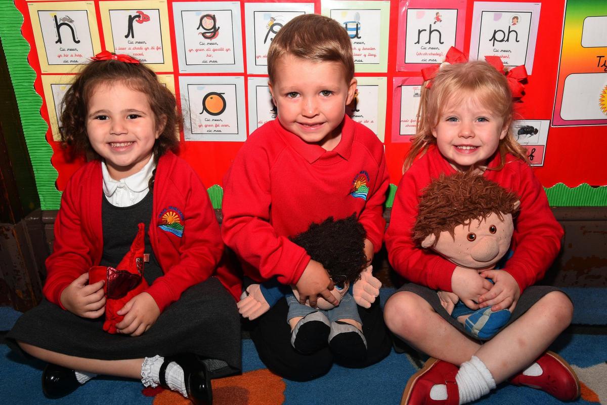 Sofia, Harley and Demi-Lee have just started school at Ysgol Parcyrhun. Pic: Mark Davies.
