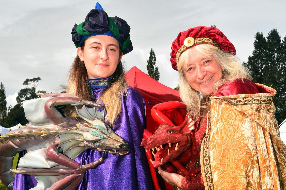 Sylvan and Lizzy from Alchemy with their dragons Freya and Cariad.  Pic Mark Davies