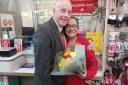 Ceri James, area manager for Post Office, visited Min on her last day as postmistress in Ebbw Vale