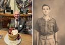 John Evans celebrating his 100th birthday (left) and in his younger days (right)