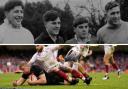 Cyril Davies (top, second from right) with fellow players and Jac Morgan (bottom) scoring a try for Wales against Georgia. Pictures: WRU/PA Wire