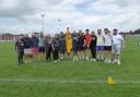 The walking football and skills session teams, featuring the Fair Trade Banana at the Jac Lewis Foundation/R;ipple charity football day. Picture: Clare Pilborough