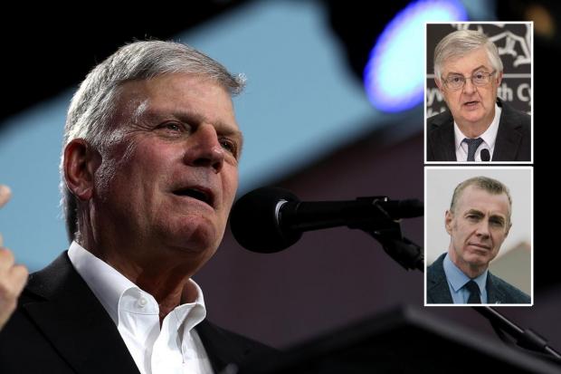 US preacher Franklin Graham (main) will speak at Newport's ICC on May 21, an event criticised by Mark Drakeford (inset, top) and Plaid Cymru leader Adam Price. Pictures: PA Wire/Huw Evans Picture Agency/Plaid Cymru