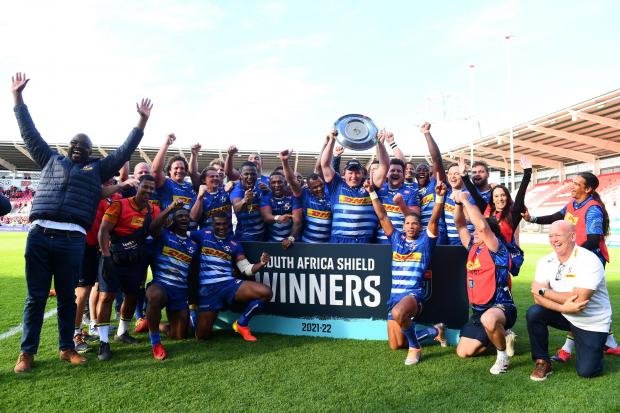 South Wales Guardian: Look what you could have won, Stormers celebrate with their national shield. Picture: Ben Evans/Huw Evans Agency