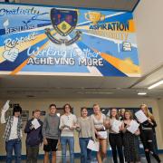 Some of the pupils at Ysgol Maesydderwen celebrating receiving their GCSE results. Picture: Mr Grimes, Ysgol Maesydderwen headteacher