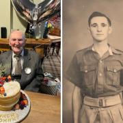 John Evans celebrating his 100th birthday (left) and in his younger days (right)