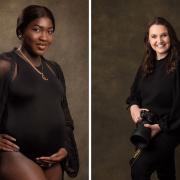 Picture of mum-to-be posing which was used in Vogue Italia (L) and Adele Morris (R) who took the photo. Pictures: Adele Morris Photography