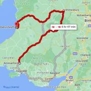 The route by rail (red) from Ammanford to Aberystwyth. The grey route in mid Wales shows an alternative bus route. Picture: Google