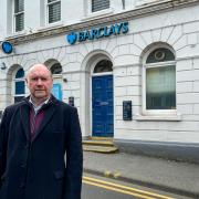Cefin Campbell outside Barclays in Llandeilo