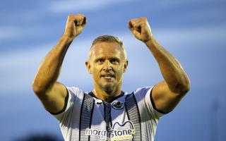 Lee Trundle celebrates at full-time of Ammanford's game against Barry Town United in the JD Cymru South in July. (Pic by Lewis Mitchell/FAW).