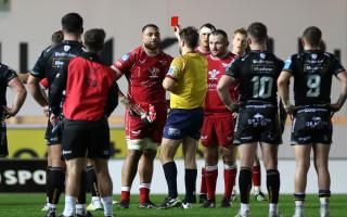 RED: Sione Kalamafoni is sent off for the Scarlets against the Dragons