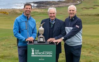 Sir Gareth Edwards (c) with Bradley Dredge and Phil Price. Picture: Phil Inglis