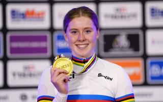 Great Britain’s Emma Finucane with her gold medal for the Women Elite Sprint at the 2023 UCI Cycling World Championships. Pic: Tim Goode/PA Wire