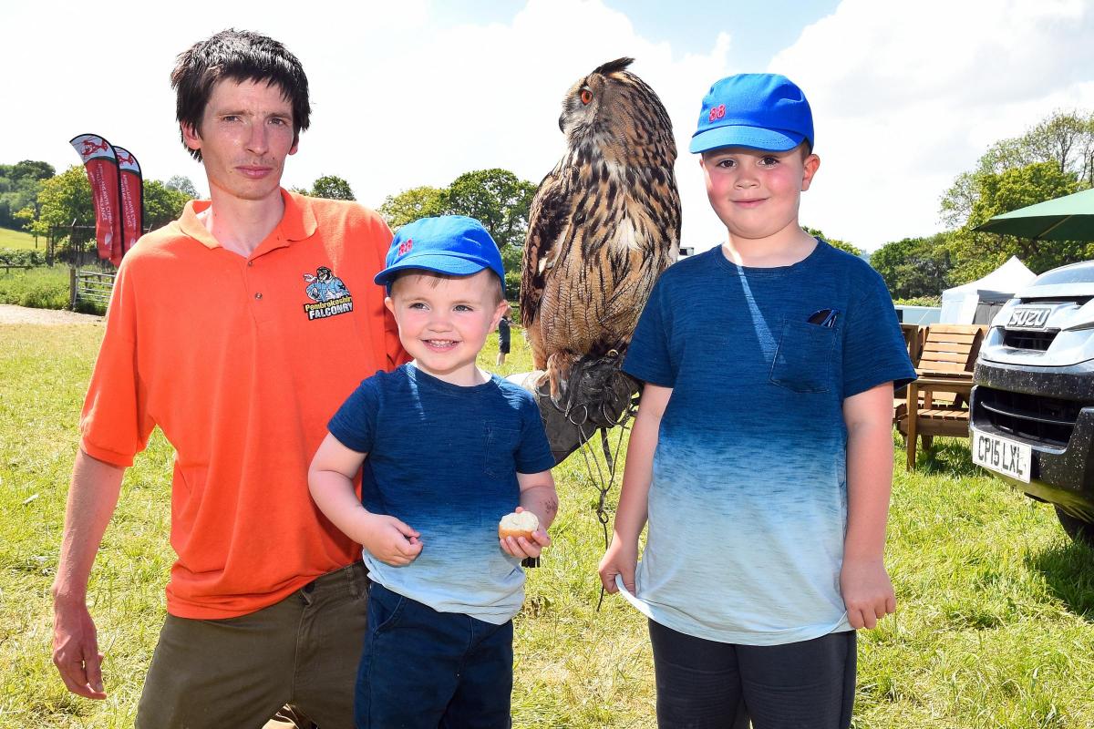 Henley (3) and Hudson Howells (5) meet Popeye the European Eagle Owl from Pembrokeshire Falconry.  Pic Mark Davies